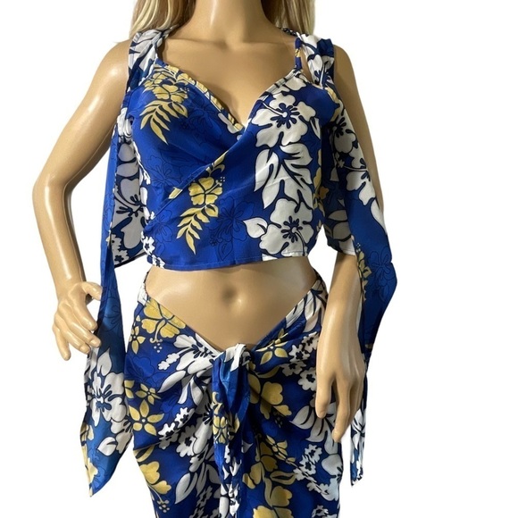 Hawaiian 3 Piece Set Pants Bra Top Floral Wrap Blue White Size 12 Vintage - Picture 2 of 13